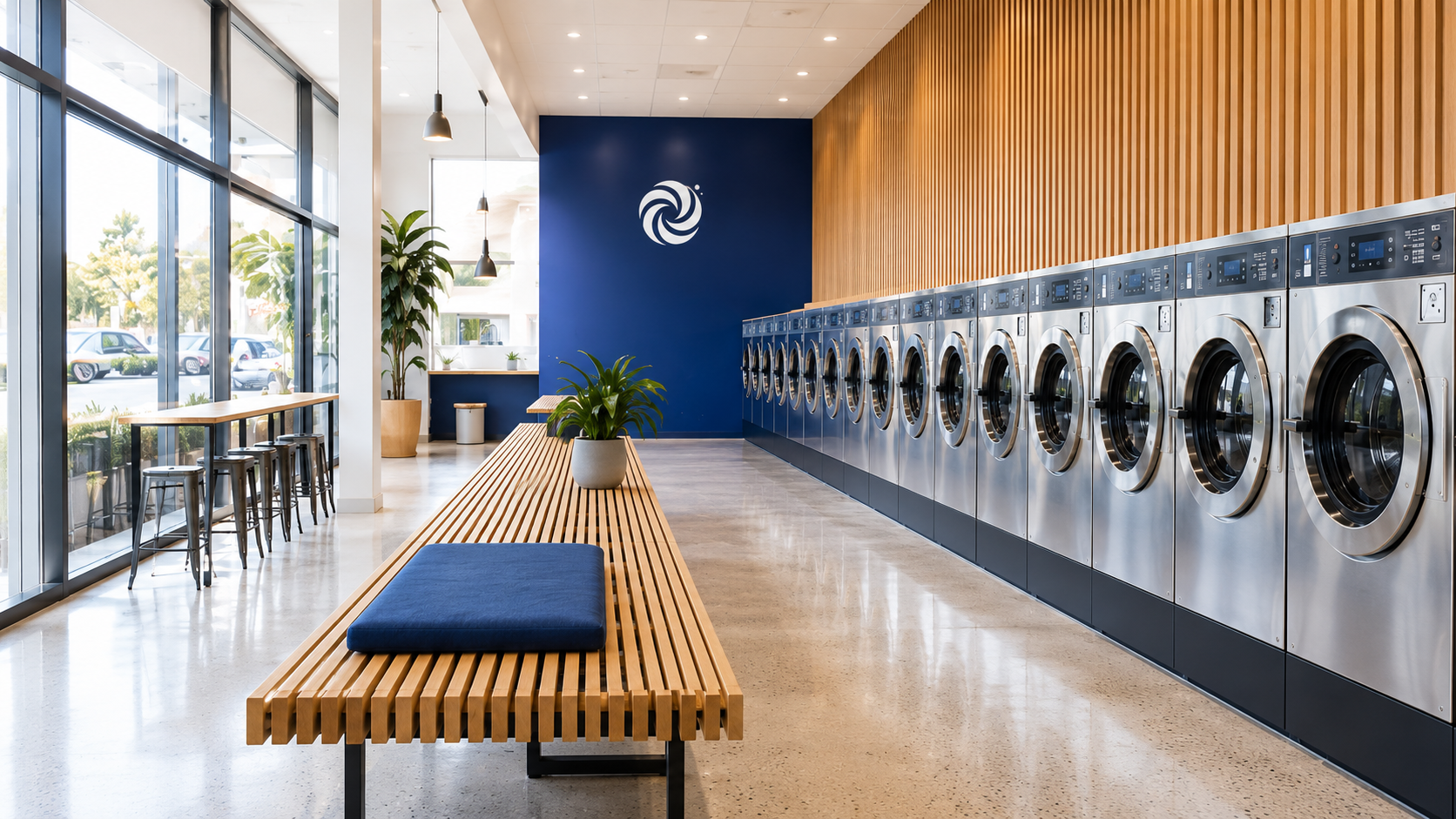 Bright premium Wash and Whirl laundromat interior